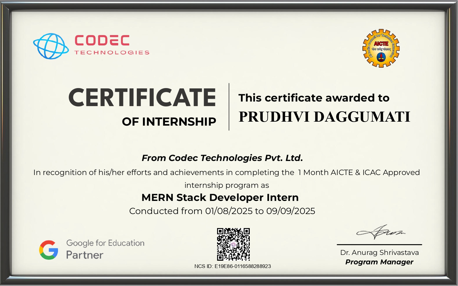 Codec Technologies internship certificate
